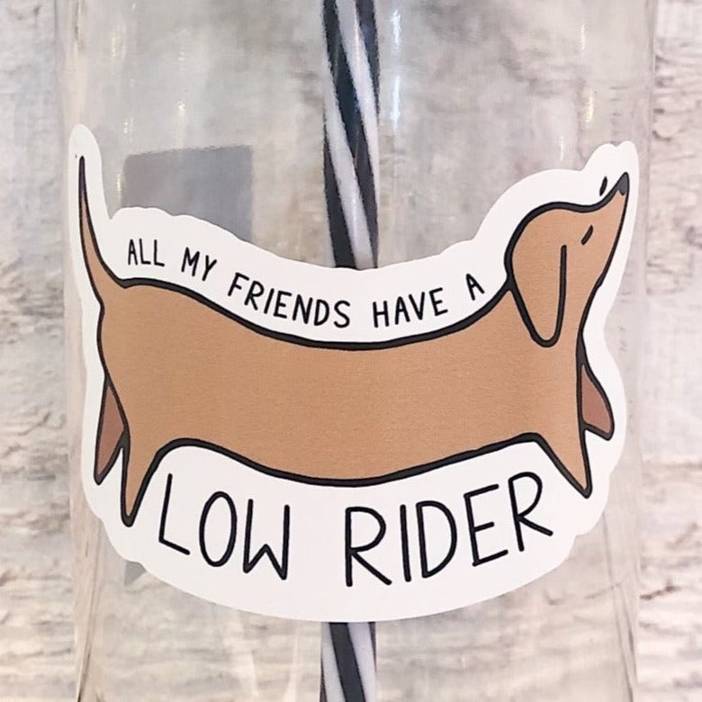 Close up of a mason jar tumbler that has a cartoon image of a Weiner dog that says “all my friends have a low rider”