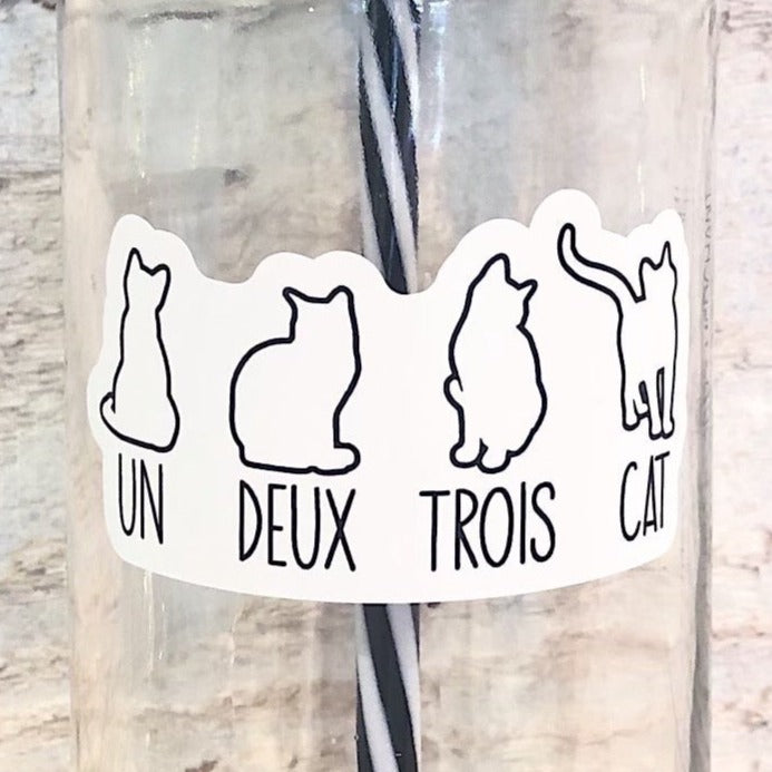 A mason jar tumbler that says “un deux trois cat” with a different outline of a cat over each word