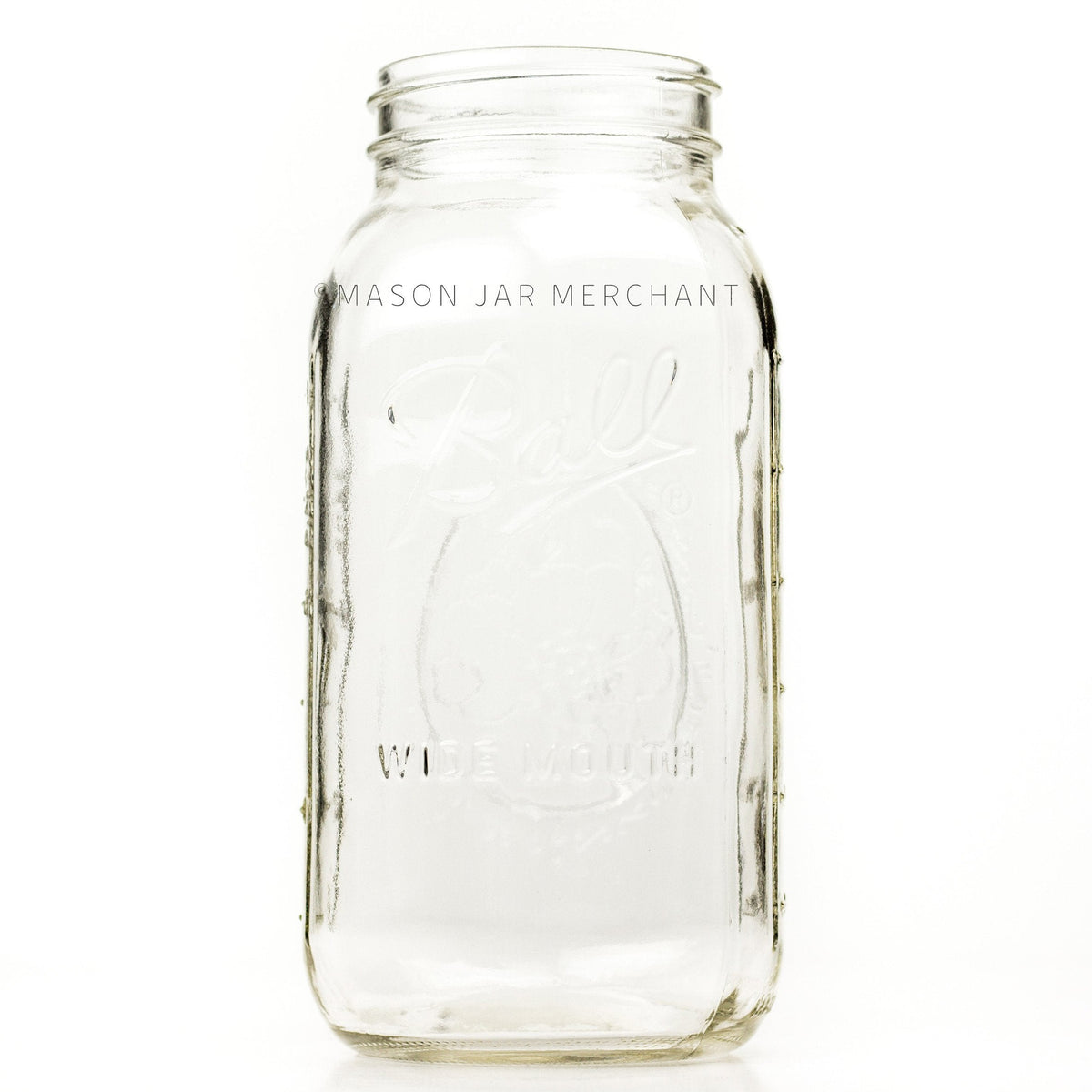 Wide mouth half-gallon mason jar with Ball Wide mouth logo, and fruity oval design visible on the back side of the jar. against a white background
