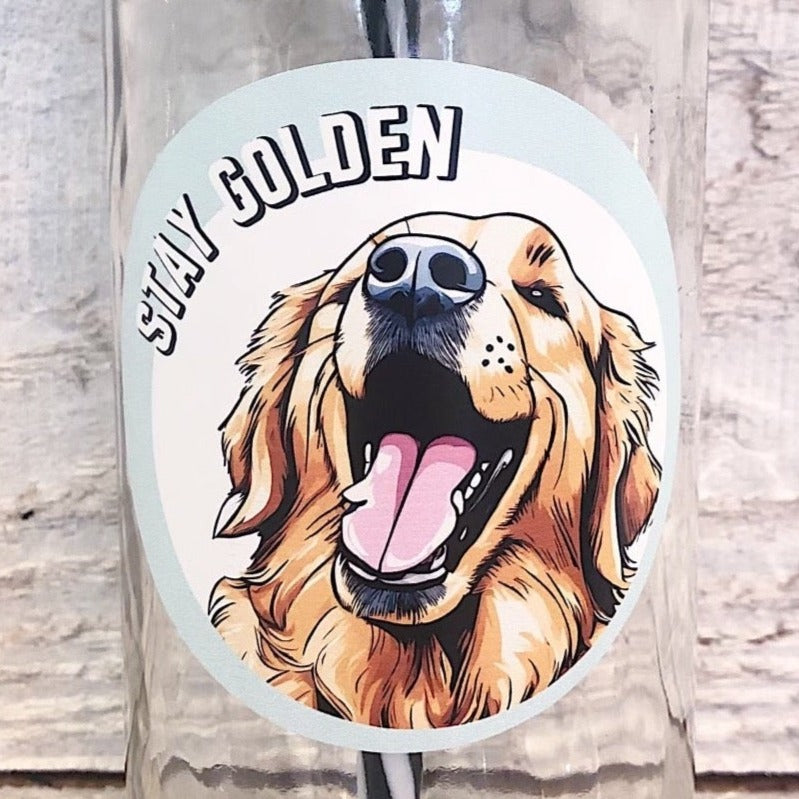 Flat lay of a mason jar tumbler that says "stay golden”, a straw lid with dog bones and paw prints, and a black and white striped straw.