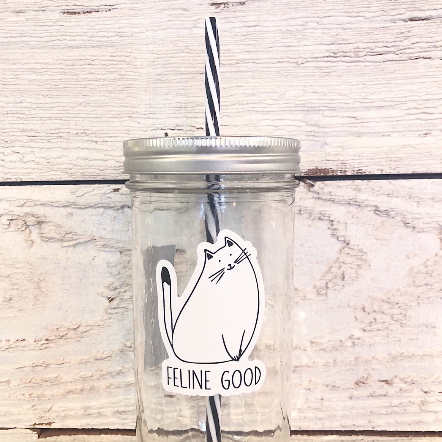 A mason jar tumbler that says “feline good” with a cat over the words