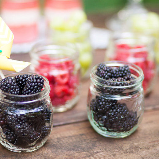 6.5 oz regular mouth mason jar with a unique bulb shape and a fruit pattern on a white background