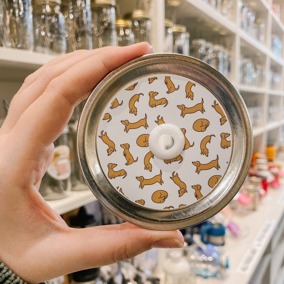 straw lid with white background and drawings of small weiner dogs