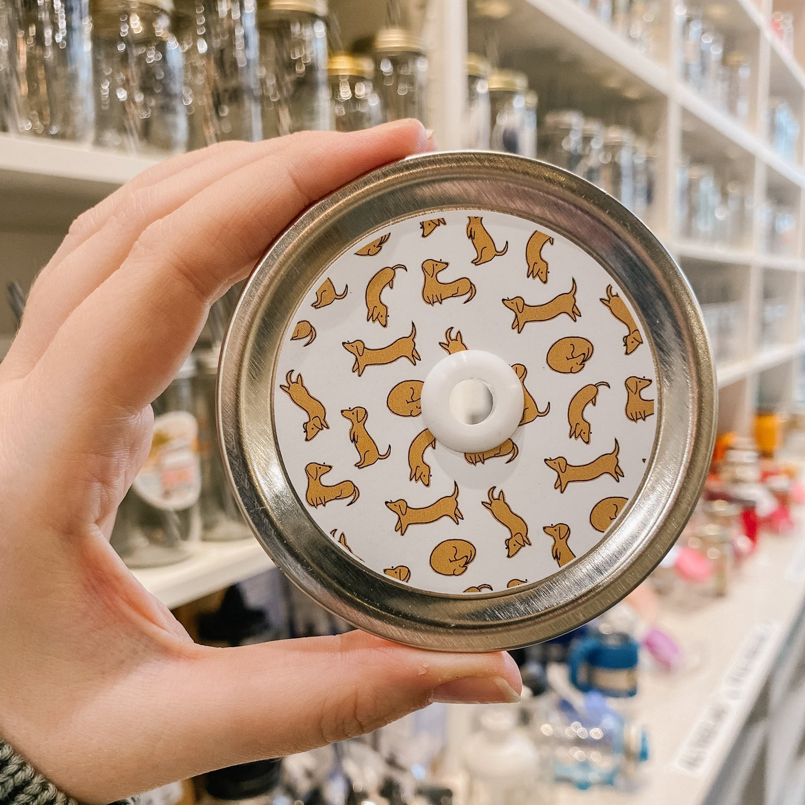 straw lid with white background and drawings of small weiner dogs