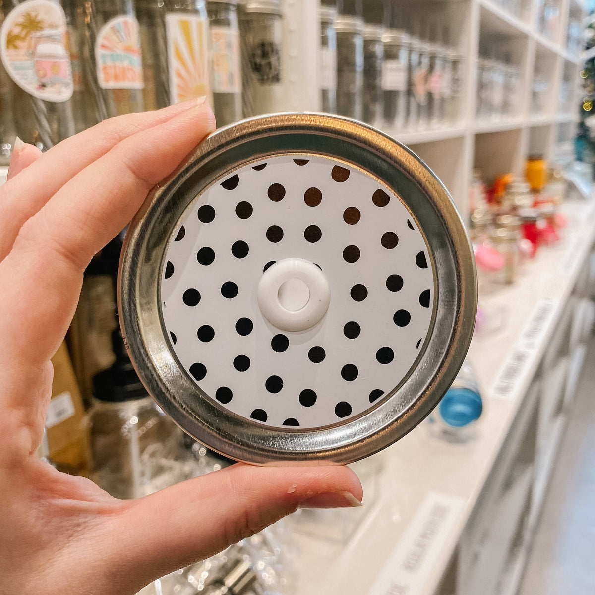 Black Polka Dots on White - Mason Jar Straw Lid