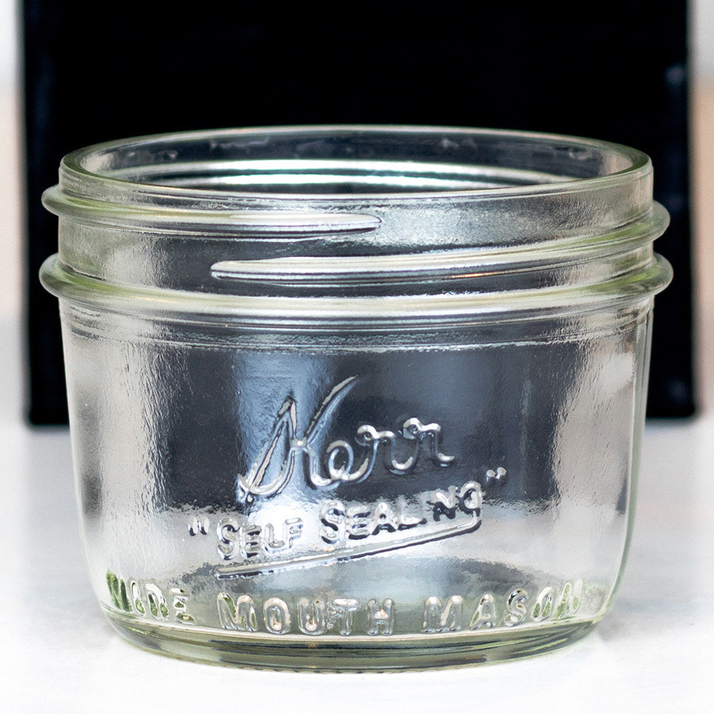 Kerr Wide Mouth Half Pint with slanty sides, front view, closeup