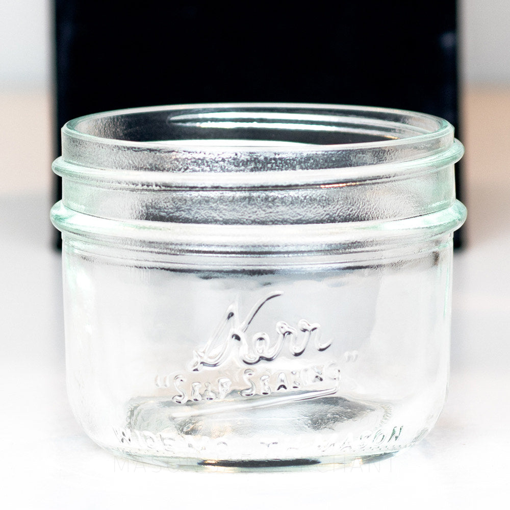 Kerr Wide Mouth Half Pint with straight sides, front view, closeup