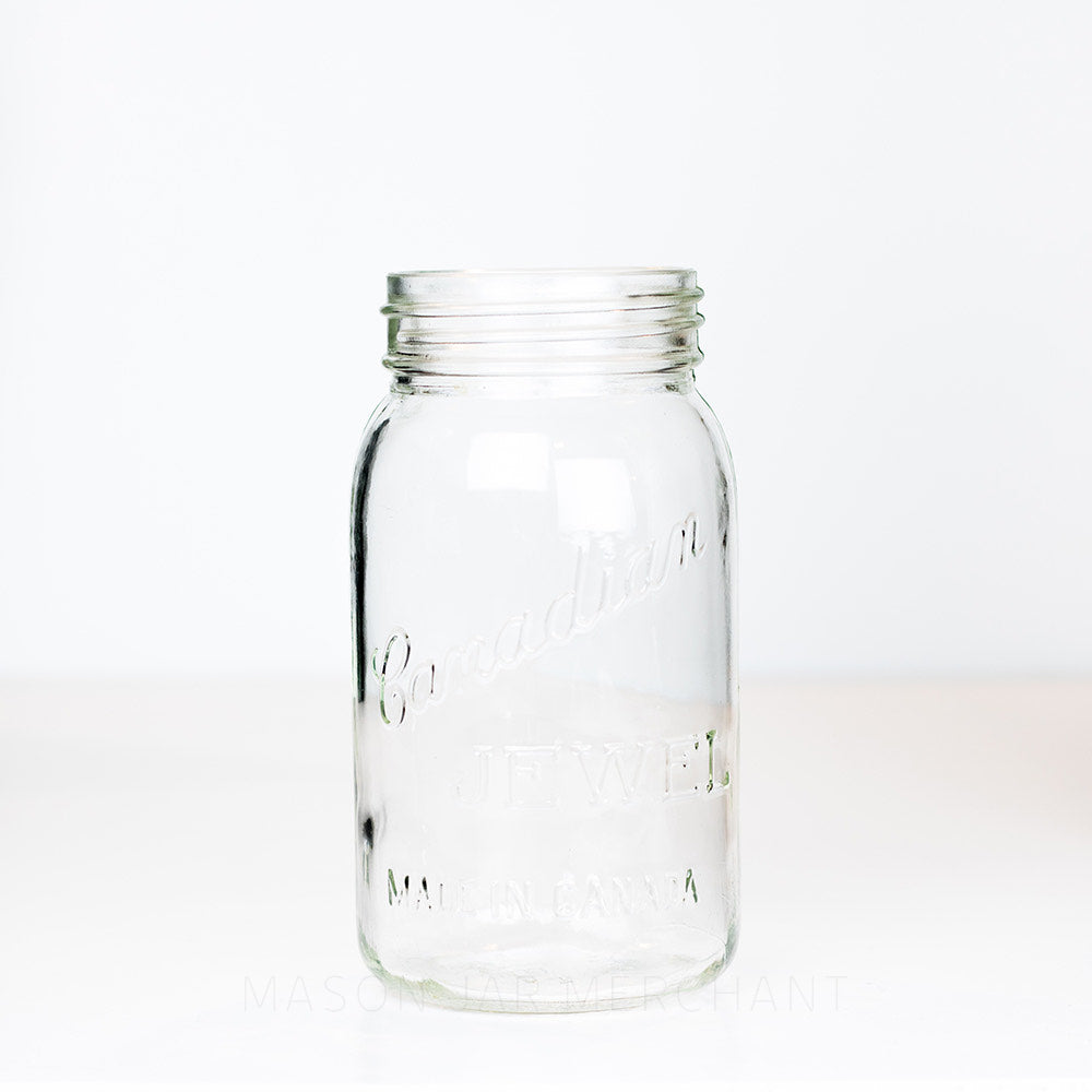 Vintage Canadian Jewel Made In Canada Gem Mouth Quart Jar on white background.