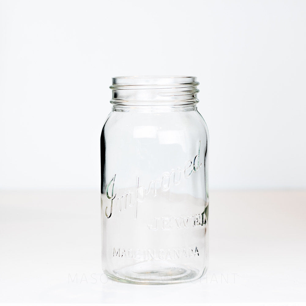 Improved Jewel Made In Canada Gem Quart Mason Jar photographed on a white background.