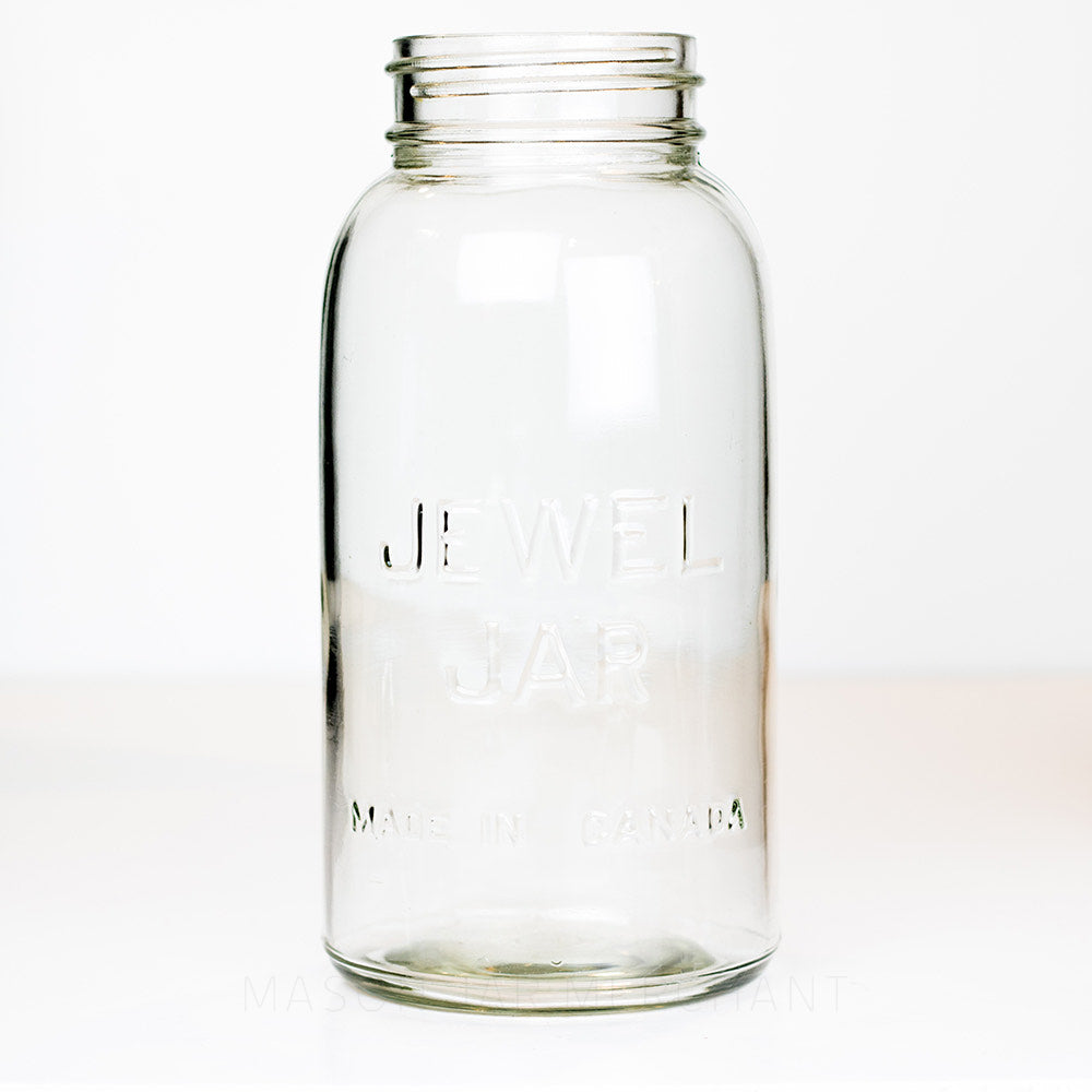Half gallon vintage gem mouth mason jar with a Jewel Jar logo against a white background