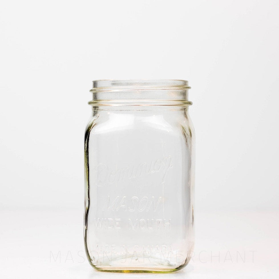 Wide mouth quart mason jar with Dominion wide mouth Mason logo, against a white background