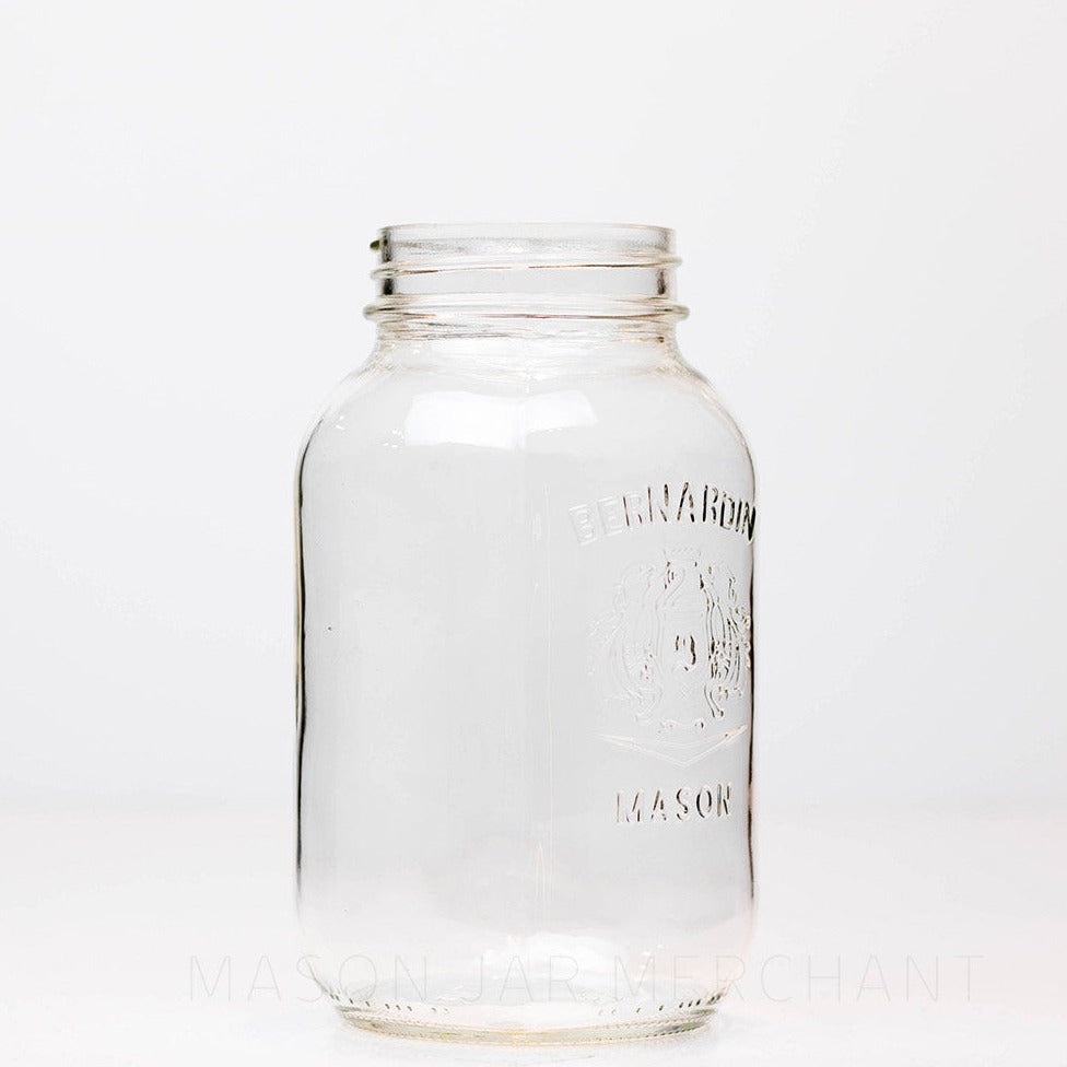 Regular mouth quart mason jar with a Bernardin shield logo, against a white background