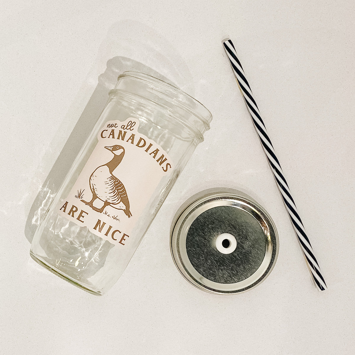 Flat lay of mason jar that reads not all Canadians are nice with goose. Black and white striped straw. Mason jar straw lid is plain silver.