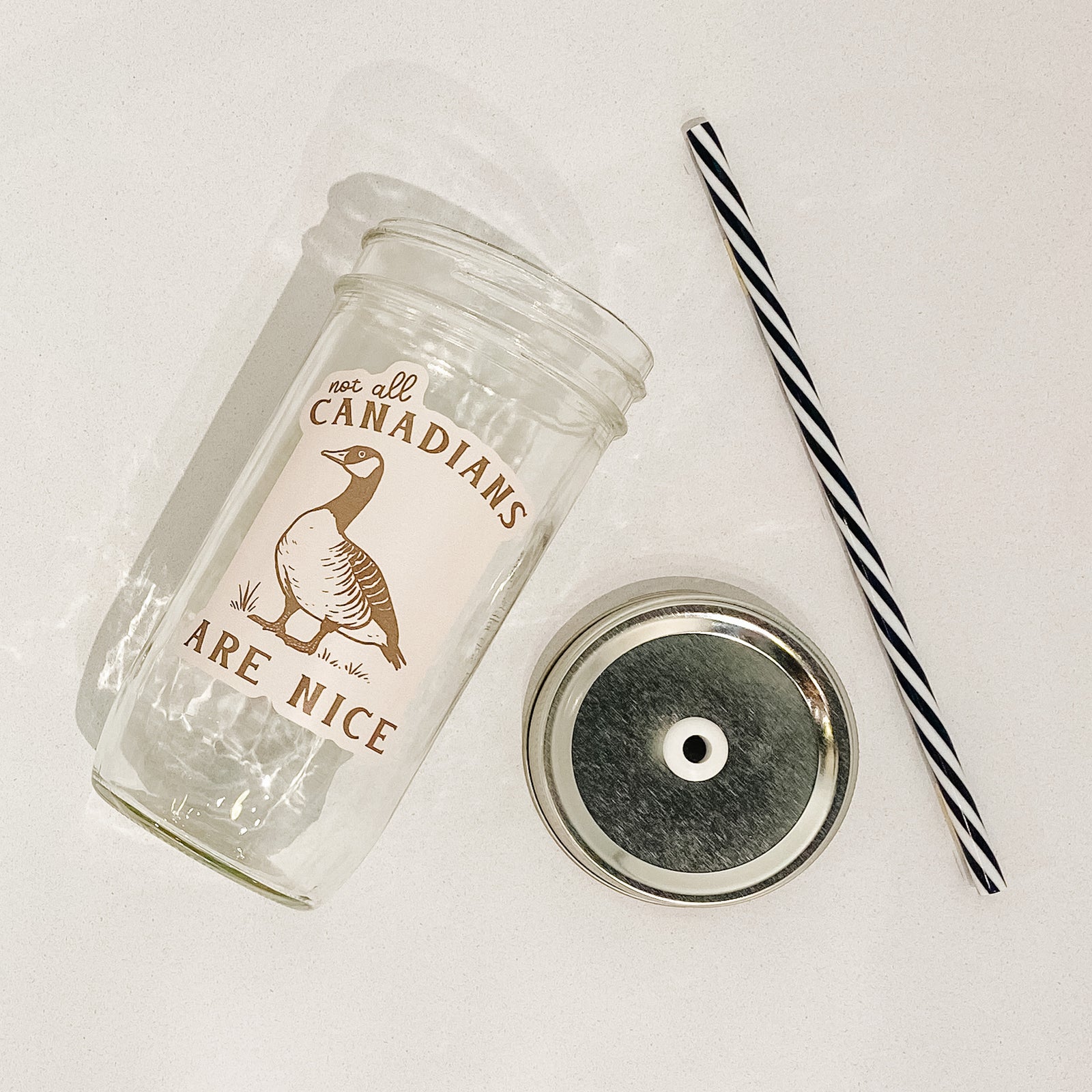 Hand holding mason jar that reads not all Canadians are nice with goose.