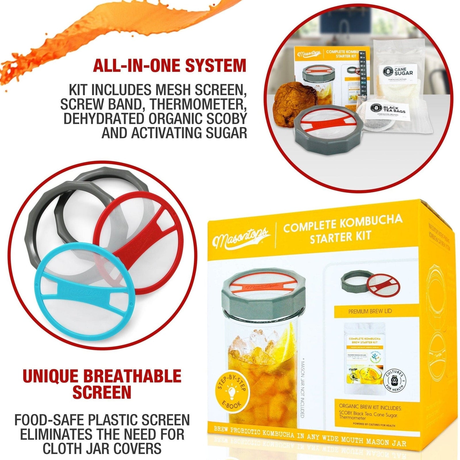 A photo of a complete kombucha kit that includes organic cane sugar, organic black tea bags, and a jar or a glass with a lid.