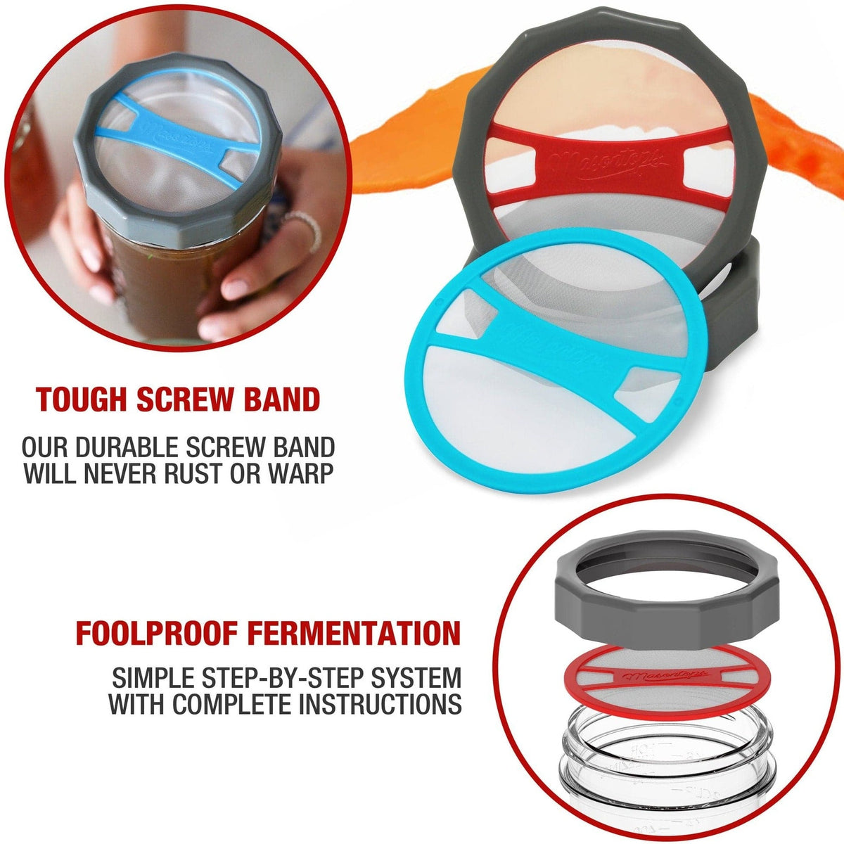 A photo of a glass with mesh screen in 2 different colors: red and blue.