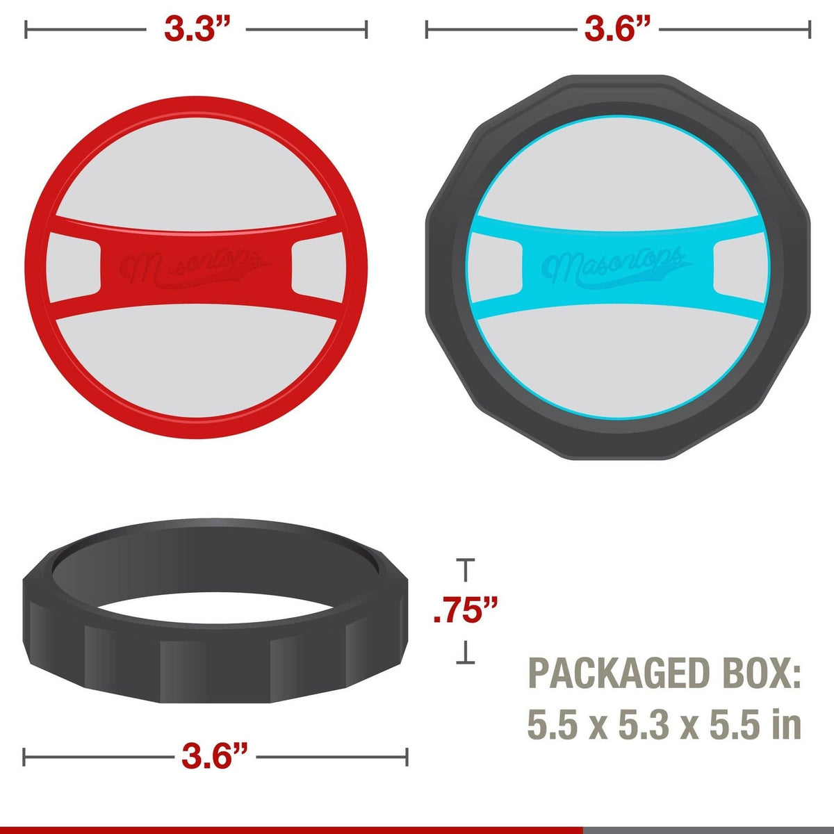 Mesh screens in two different colors: red and blue with a label that says masontops.