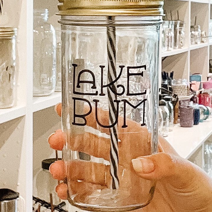 Photo of a mason jar tumblr with a 'Lake Bum' sticker on it