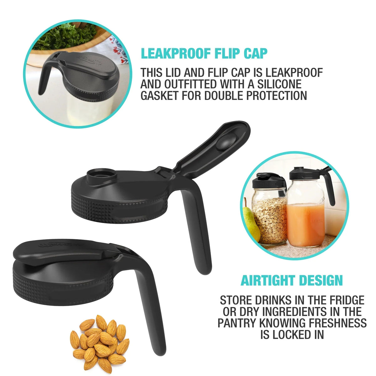 Masontops Multi Top Flip Cap Pitcher Wide Mouth Lid with Handle, 2-Pack | Black