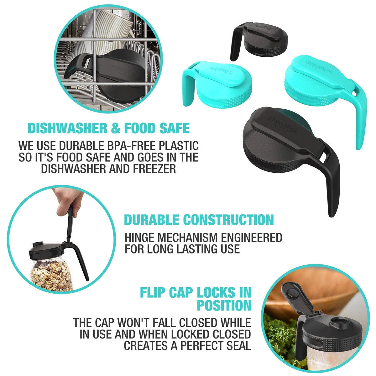 Masontops Multi Top Flip Cap Pitcher Wide Mouth Lid with Handle, 2-Pack | Black