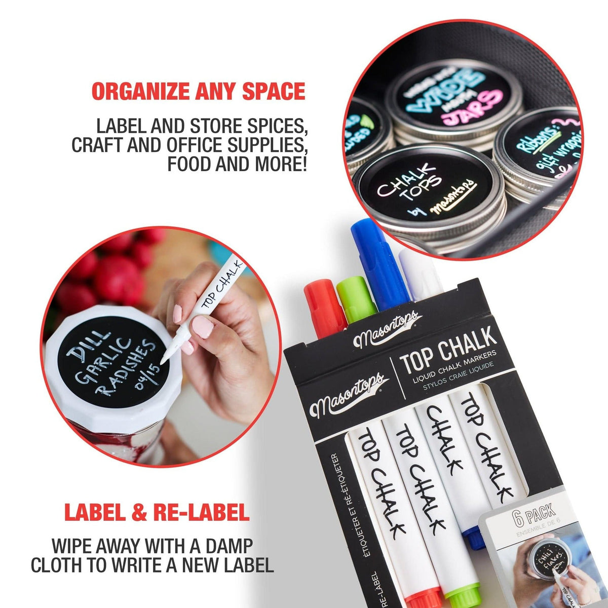 Masontops Liquid chalk marker with the words: "Organize any space, Label and store spices, Craft and office supplies, food and more!" "Label and Re-Label, Wipe away with a damp cloth to write a new label" There is writing on the jar lids.