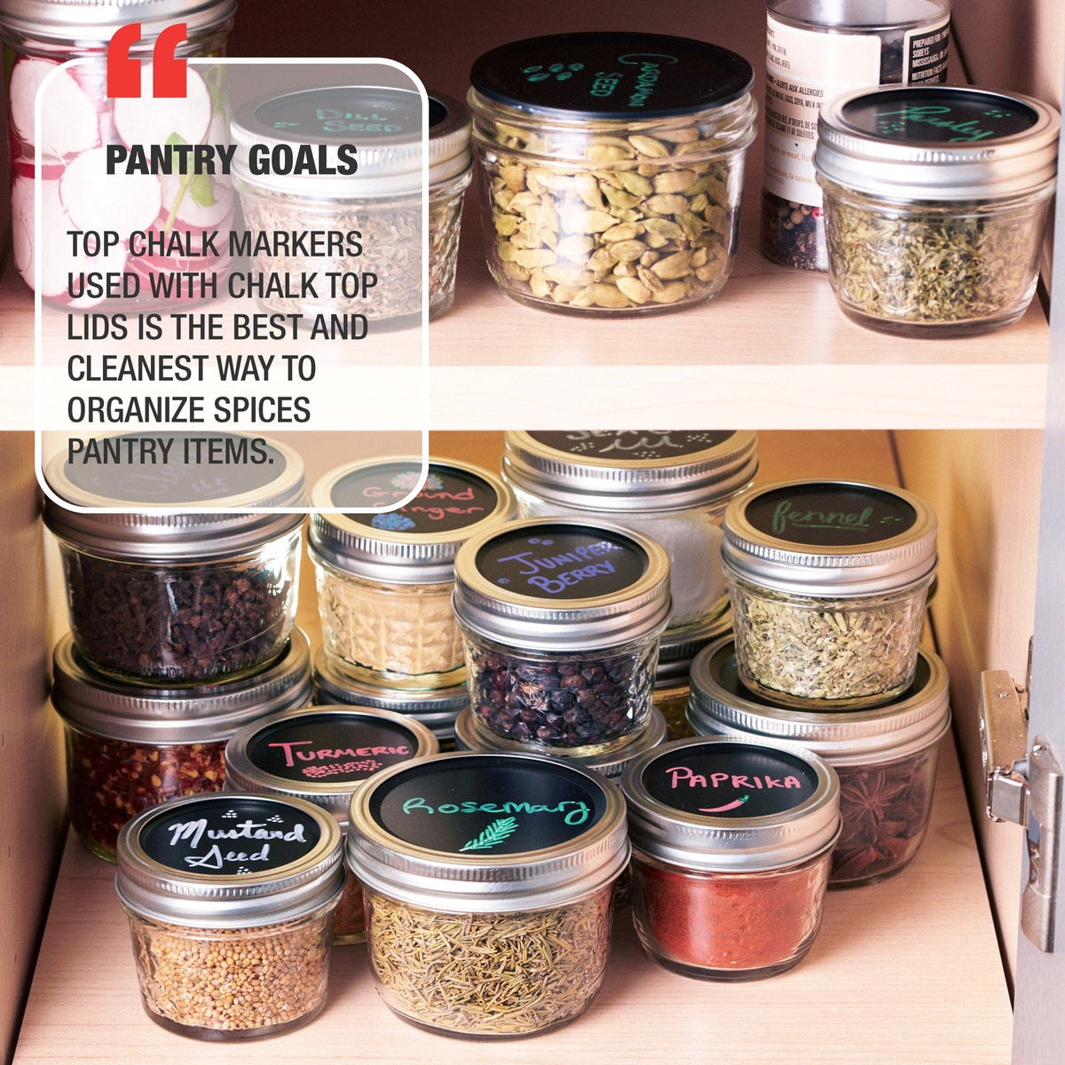 Organized mason jars with different herbs and spices on a pantry shelf with the words "Pantry goals. Top chalk markers used with chalk top lids is the best way and cleanest way to organize spices pantry items."