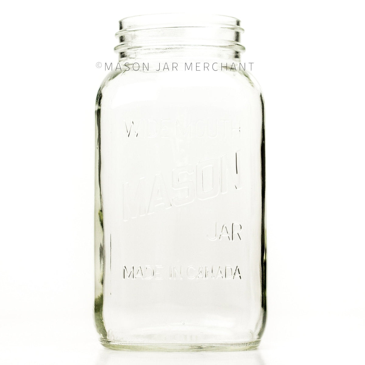 Wide mouth half-gallon mason jar with Mason logo, against a white background