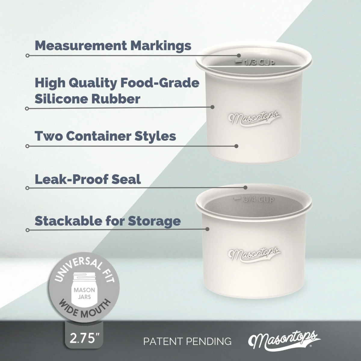 image indicating that there are measurements, made of silicone, two styles, create a leak-proof seal, and can be stacked