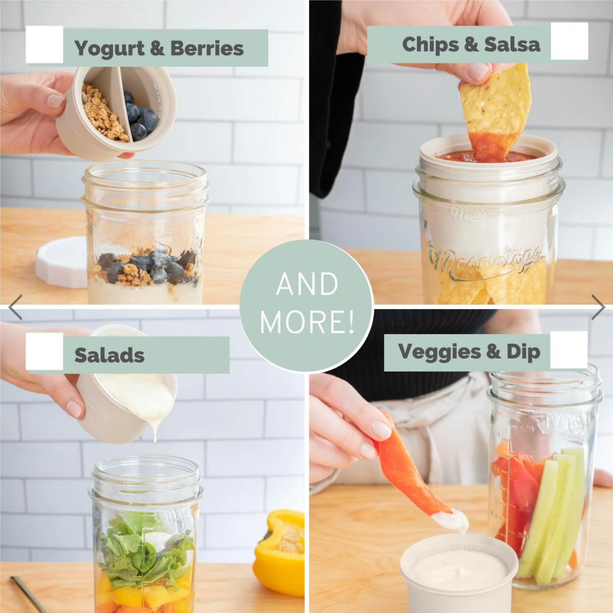 an image explaining that the inserts can be used for yogurt & berries, chips & salsa, salads, veggies & dip