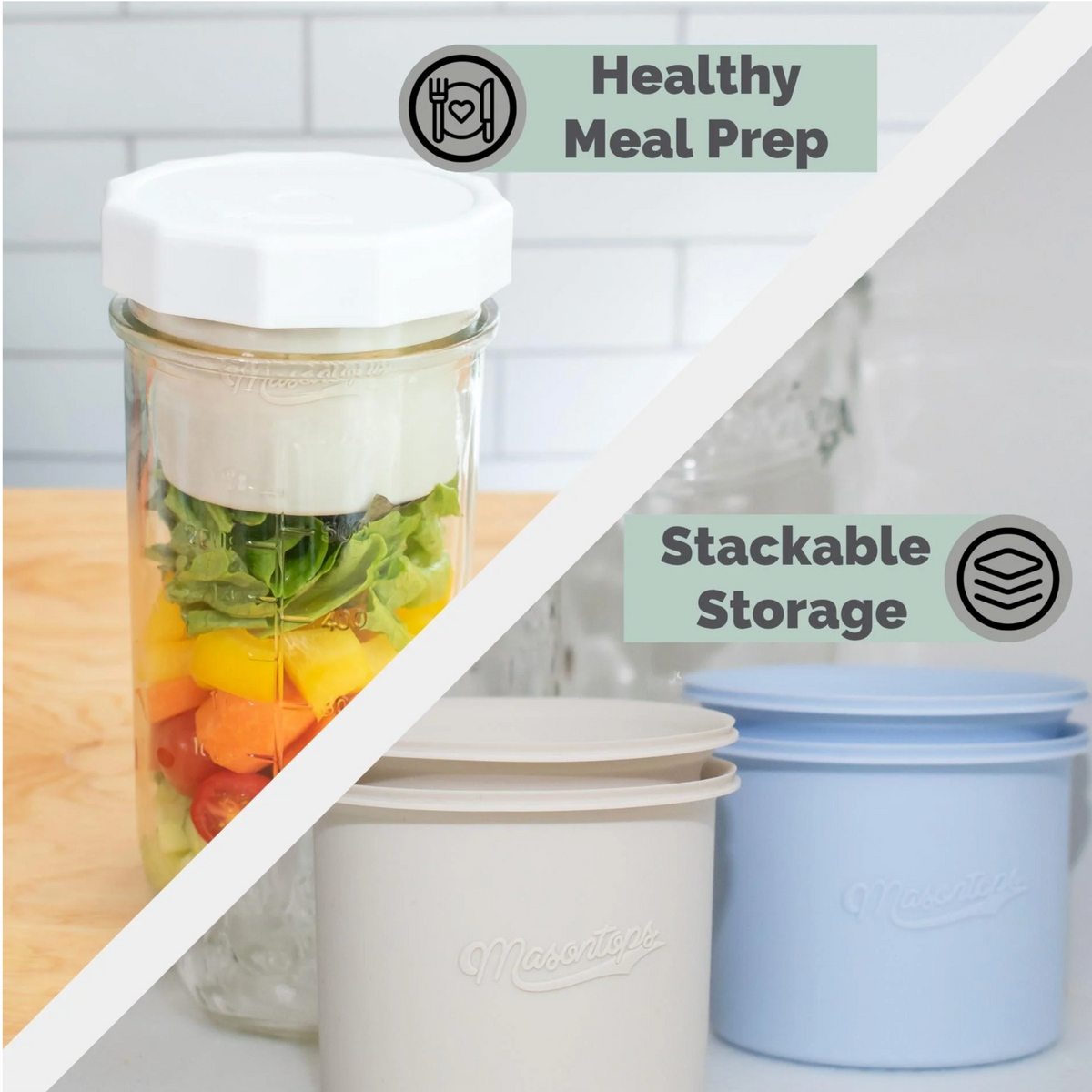 an image indicating that the inserts can be stacked for storage and can be used for healthy meal prep