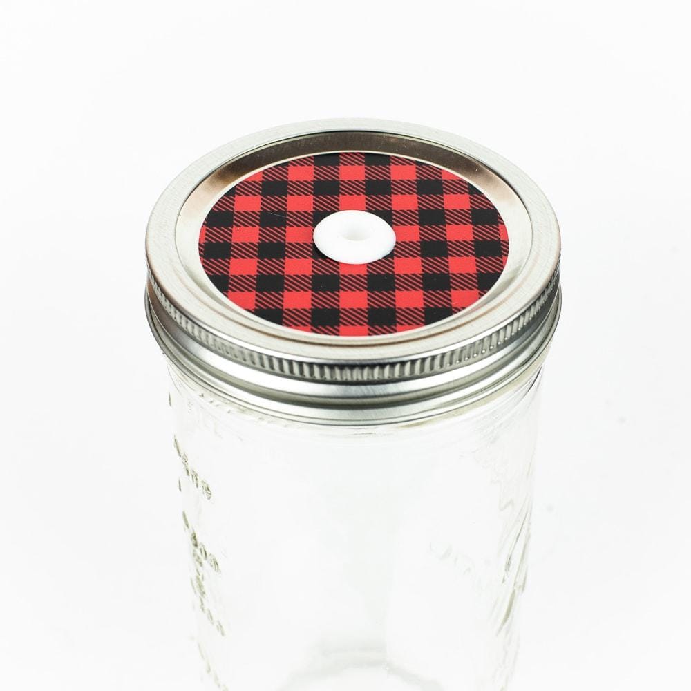 Bright Red Buffalo Plaid Pattern Mason Jar Straw Lid against a white background.