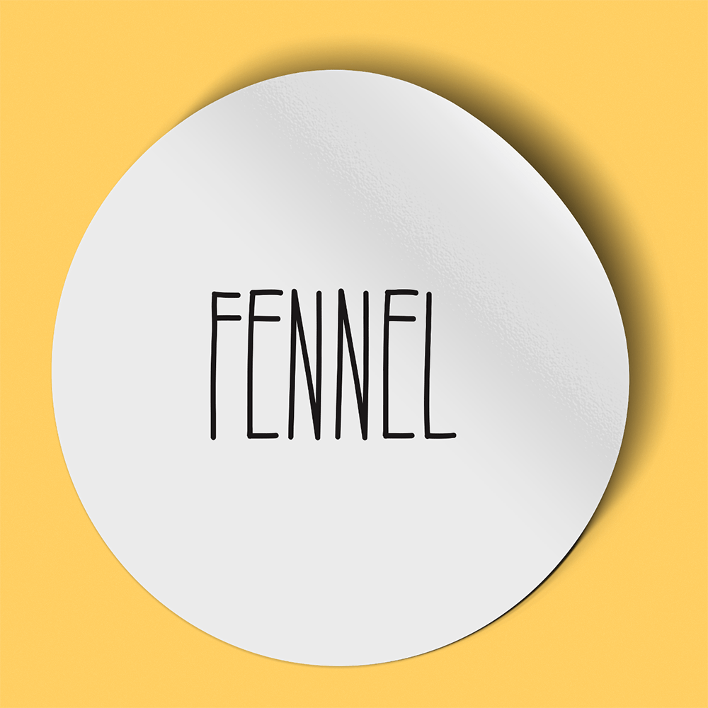 Waterproof label for fennel. Photographed against a yellow background.
