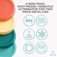 infographic about the lids. Non toxic, BPS free, chemical free, freezer safe, multi use, and dishwasher safe