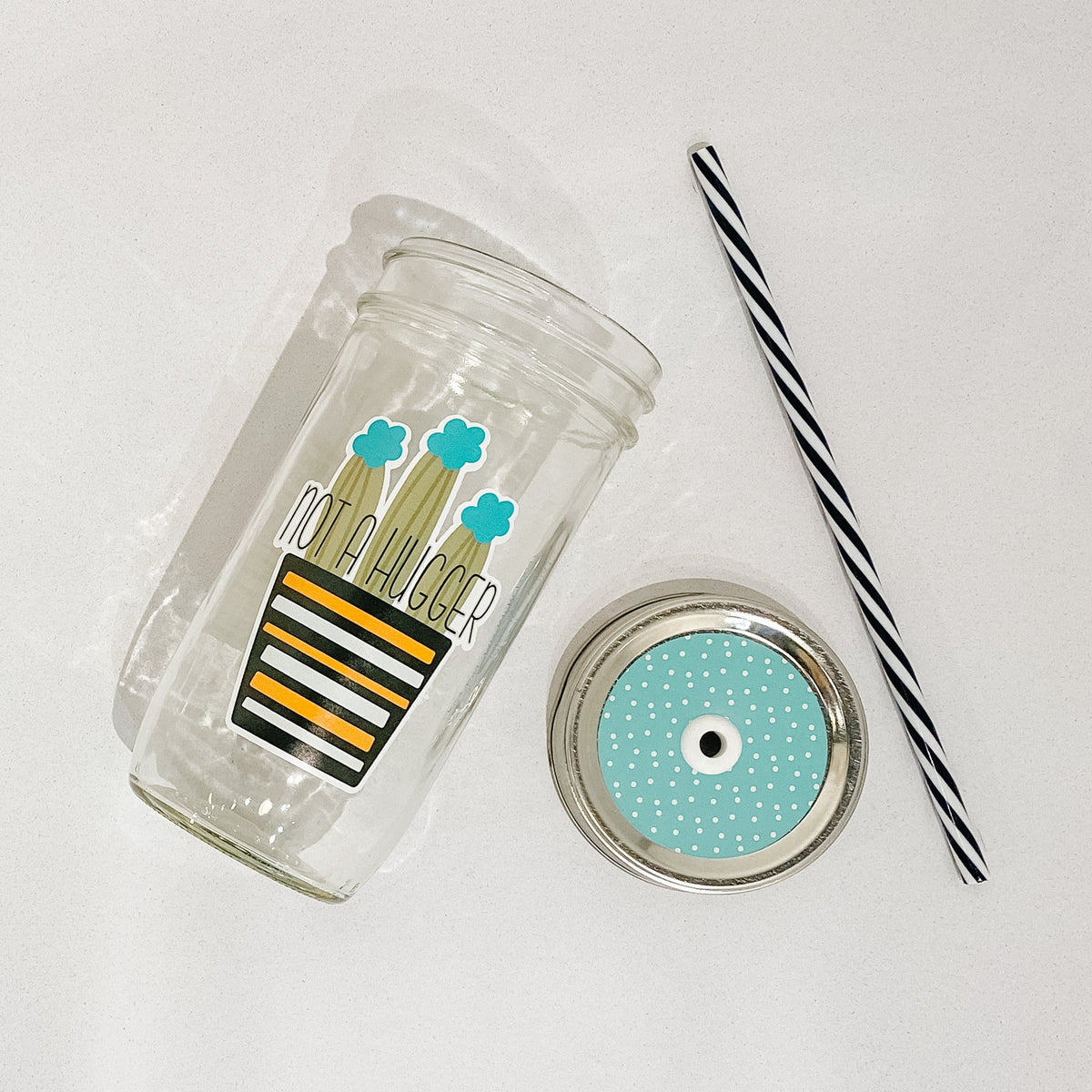 Flat lay of a mason jar tumbler that says "not a hugger” with a potted cactus above, a dark teal straw lid with white polka dots, and a black and white striped straw.