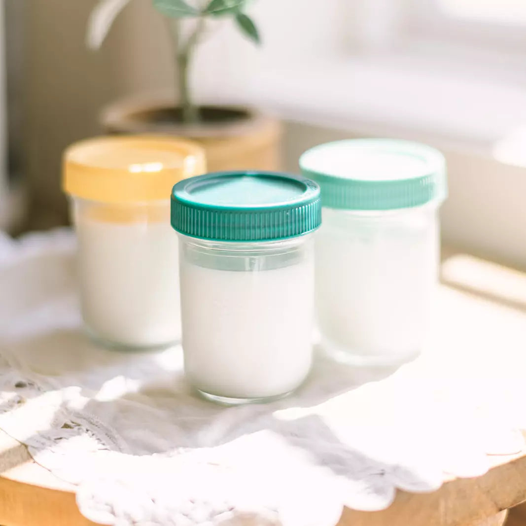 mason jar with milk inside with a green lid from Mason Bottle
