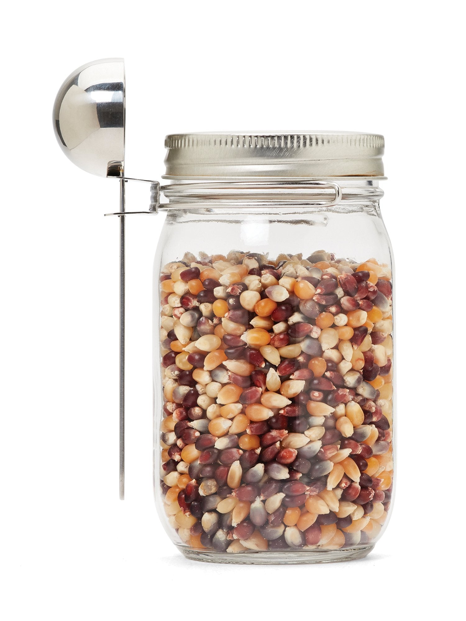 16 oz reusable glass mason jar with a silver lid and a stainless steel coffee scoop and clip
