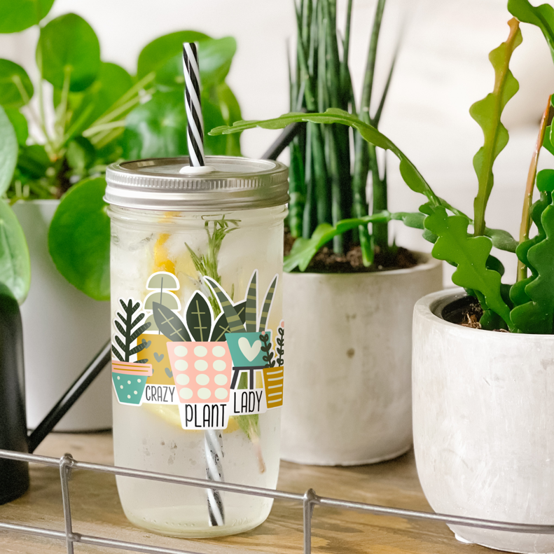 Tumbler with water inside and a sticker of various potted plants printed on it. There is also a print that reads &quot;Crazy Plant Lady.&quot; Tumbler is photographed standing on a wooden table with some potted plants surrounding it.