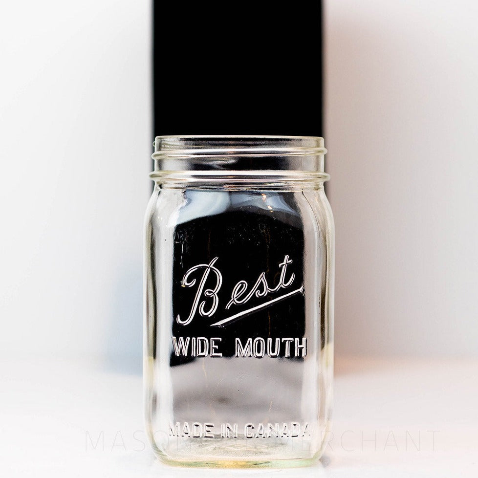 A close up of a Wide mouth pint mason jar with Best wide mouth logo, against a white background
