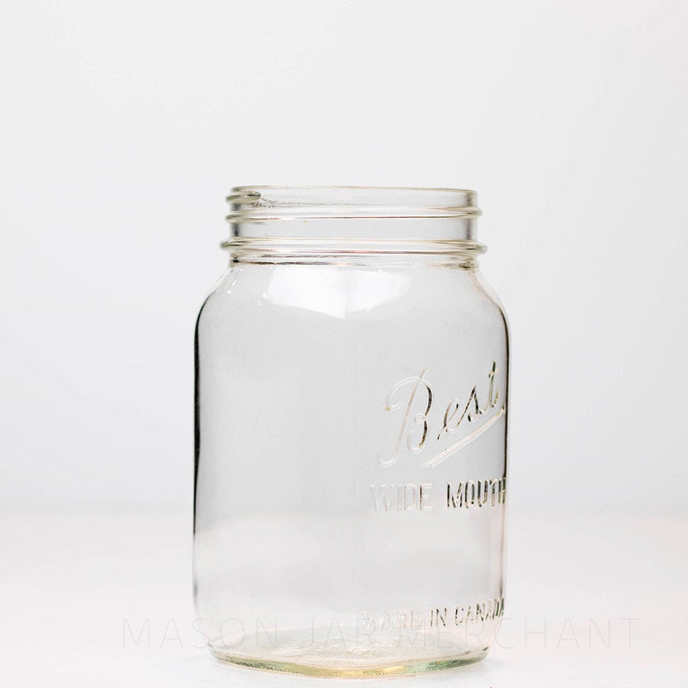 A side view of a Wide mouth pint mason jar with Best wide mouth logo, against a white background