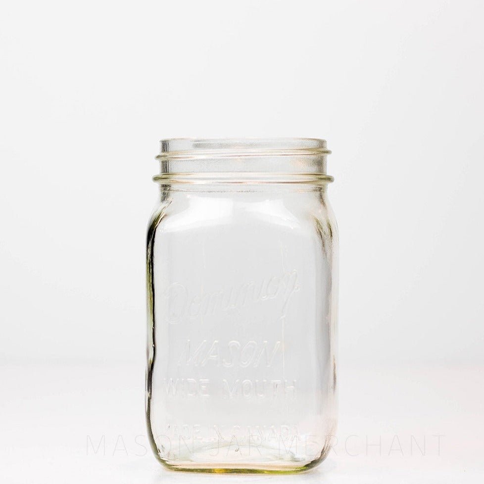 Wide mouth quart mason jar with Dominion wide mouth Mason logo, against a white background