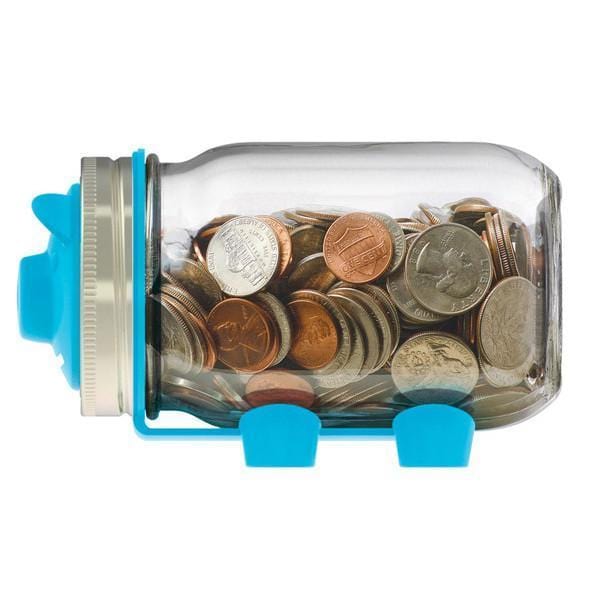 16 oz reusable glass mason jar with a silver and blue piggy bank lid. The jar is on its side and made to look like a pig
