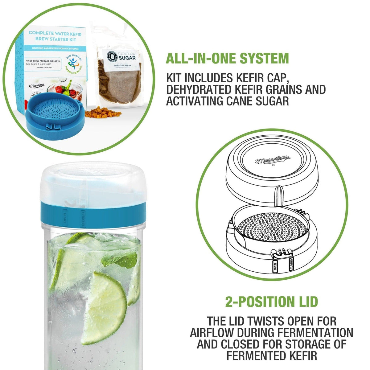 A complete water kefir starter kit with kefir cap, dehydrated kefir grains, and activating cane sugar. It also has a glass filled with water and lime with a twistable lid which opens for airflow during fermentation and closes for storage of fermented kefir.
