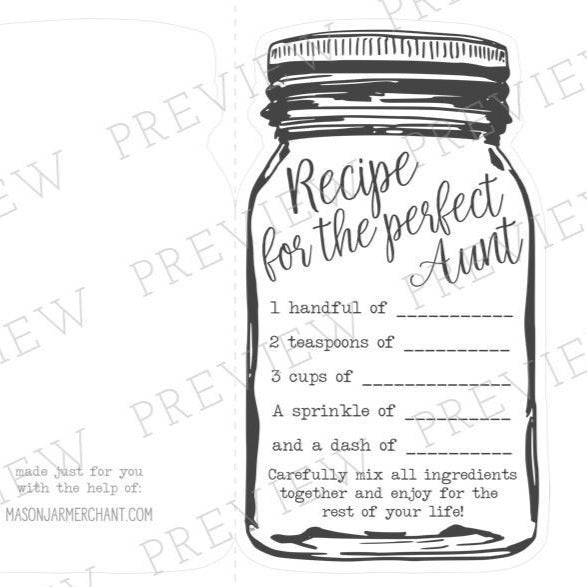 two pieces of paper with a black mason jar outline on it and a "recipe for the perfect mom" on the inside. It sits on a white background with pink peony flowers on the side