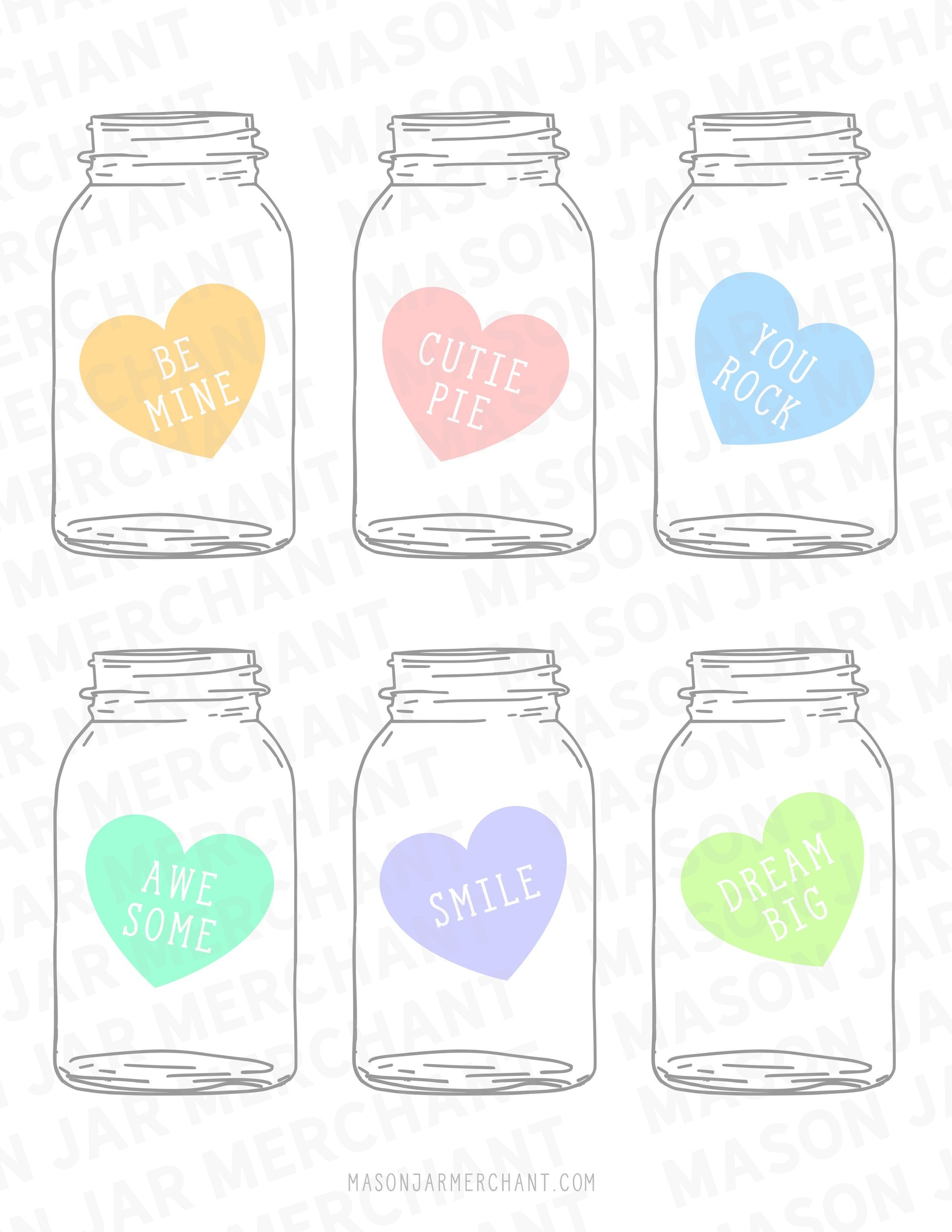 pastel candy heart mason jar shaped valentines SVG download color and cut and use as gift tags