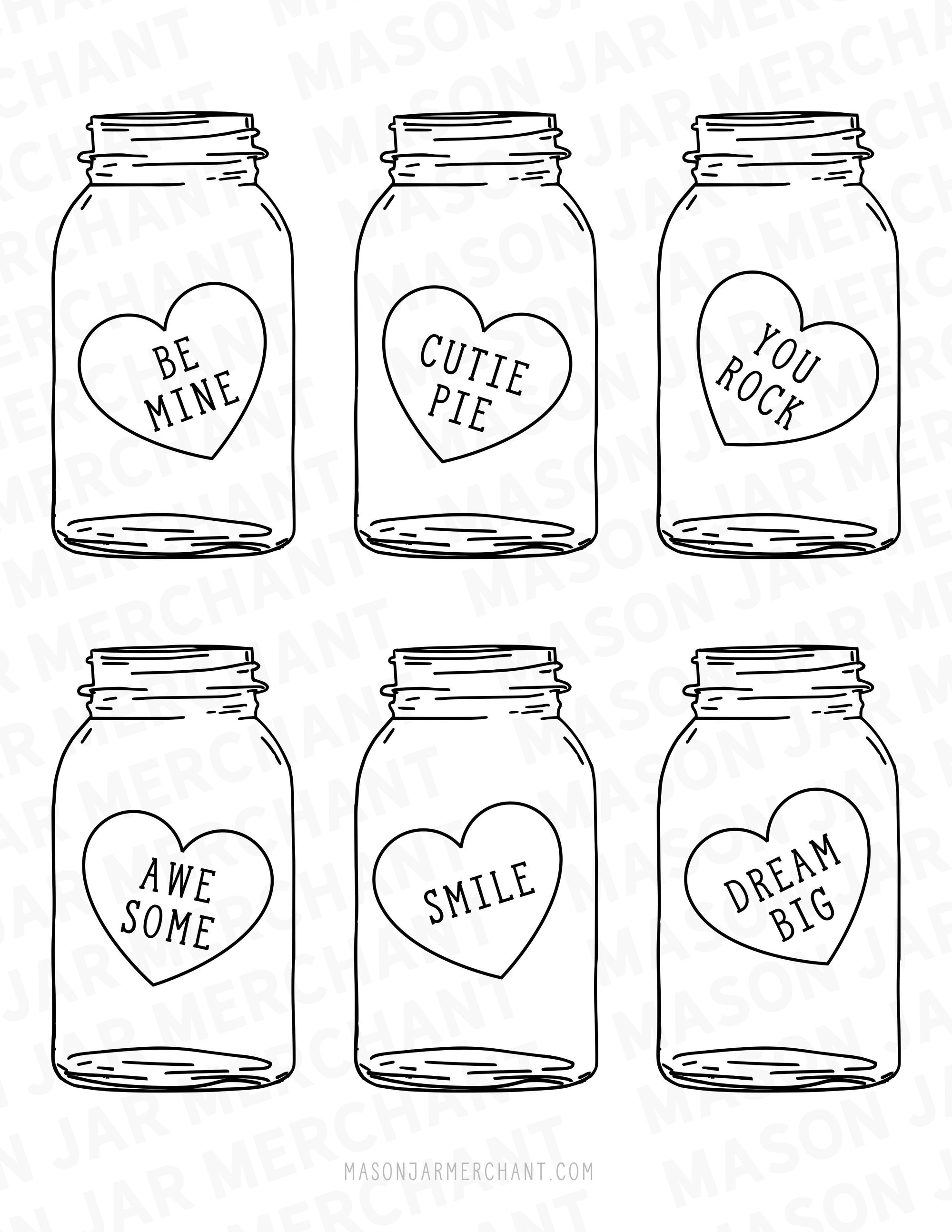 mason jar shaped valentines PDF download color and cut and use as gift tags