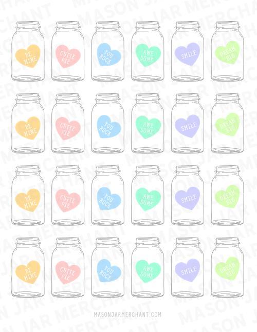 pastel candy heart mason jar shaped valentines PDF Studio3 and SVG download color and cut and use as gift tags