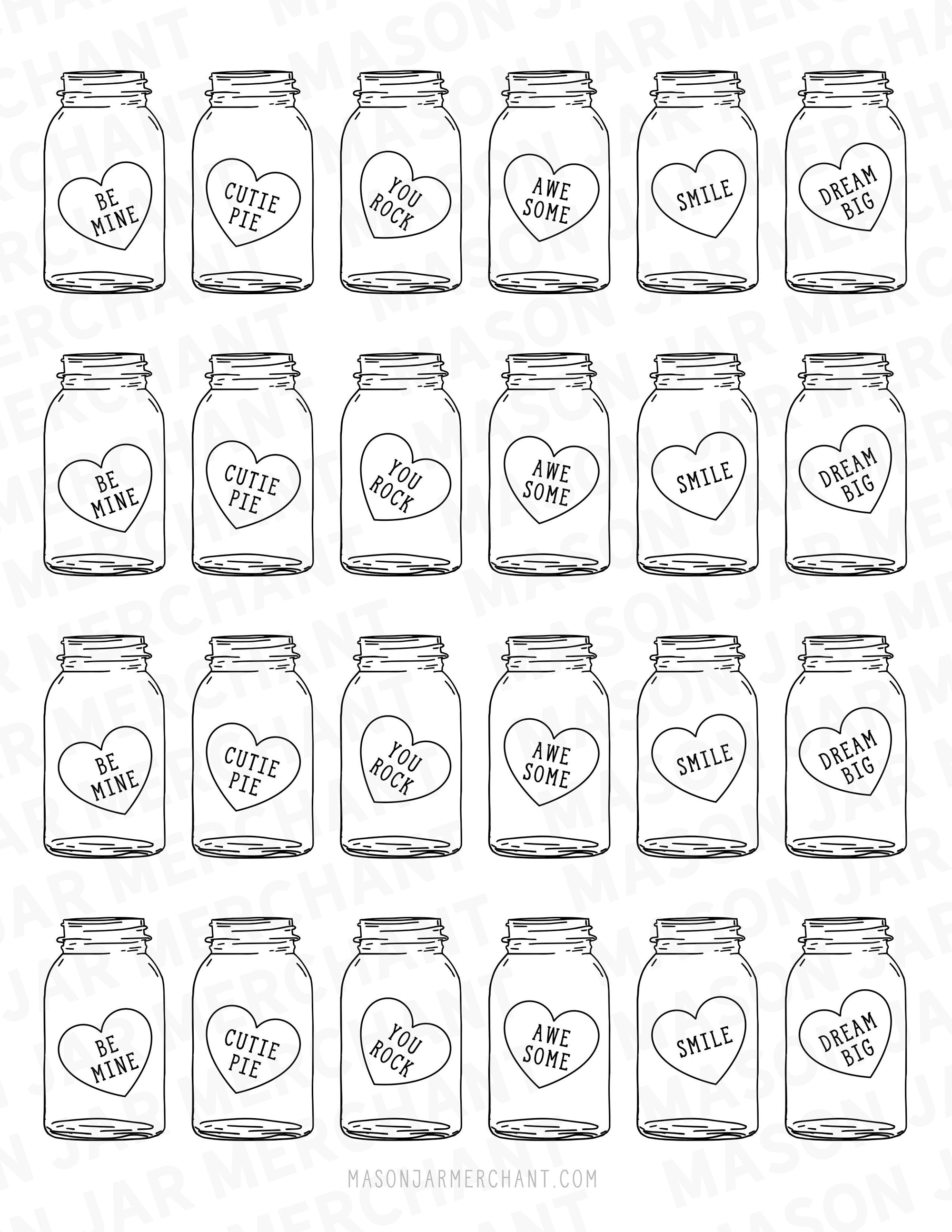 black and white candy heart mason jar shaped valentines PDF download color and cut and use as gift tags