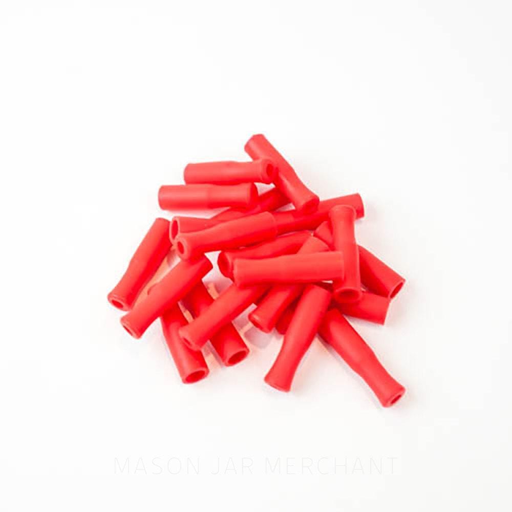 Red silicone straw tips for stainless steel straws, set against a white background.