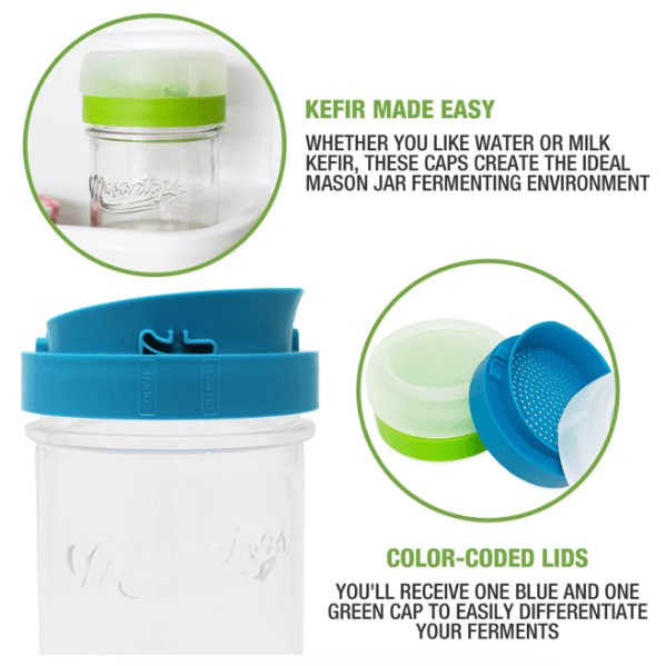 Two mason jar kefir lids sit on a white background. One jar is green and the other is blue