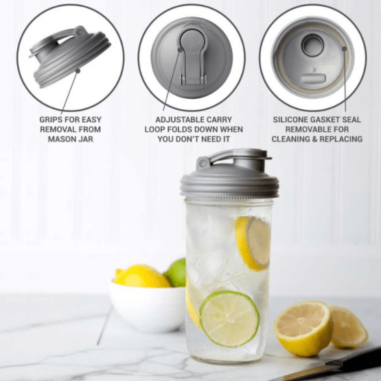 Four different sizes and kinds of glass reusable mason jars with reCAP easy pour spout wide mouth mason jar lids. In the colours grey, black, teal and white on a white background